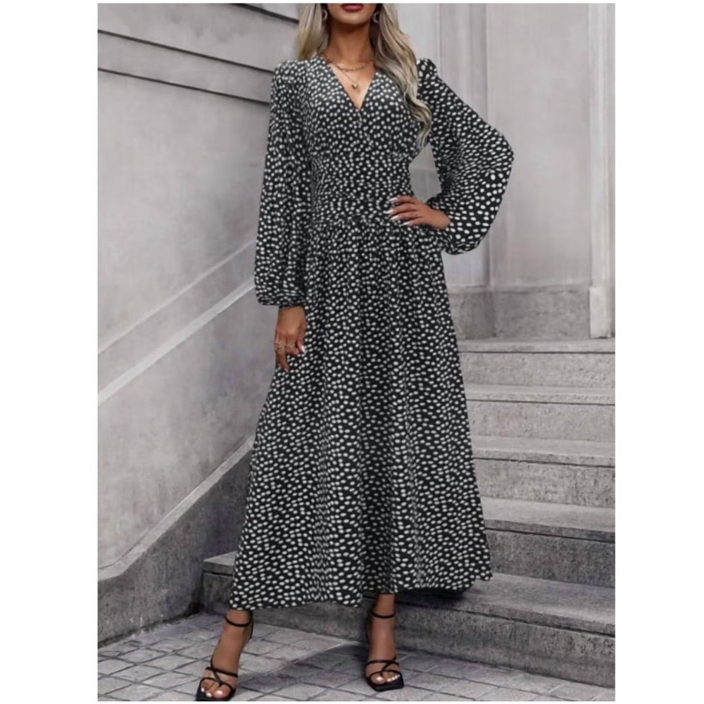 SHIBEVER Floral Maxi Dress Women Black White Ditsy Tiered Long Sleeve NEW